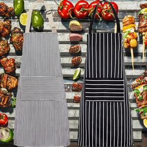 Lot de 2 tabliers de cuisine rayés avec poches, en tissu imperméable, réglables, pour chef professionnel - Product Image 2