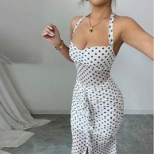 Robe élégante à bretelles spaghetti, dos nu, imprimé numérique à pois, en nylon et élasthanne 40D, taille froncée avec cordon de serrage, coupe sirène pour femme - Product Image 5