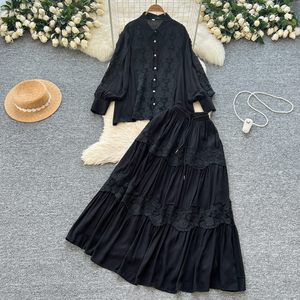 Conjunto Vintage de 2 piezas para mujer, <span class=keywords><strong>Blusa</strong></span> <span class=keywords><strong>con</strong></span> ribete de encaje de manga larga y <span class=keywords><strong>falda</strong></span> acampanada de cintura alta, chándal de dos piezas - Product Image 2