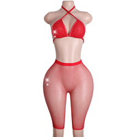Lingerie sexy en diamant strass Ensemble résille Culotte deux pièces Costume de club à bretelles réglables pour femmes Vêtements érotiques de performance