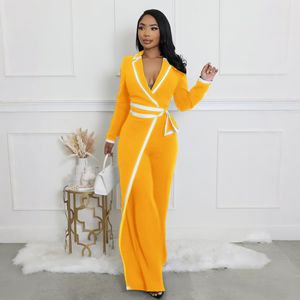 <span class=keywords><strong>Elegante</strong></span> Tuta Intera a Contrasto per Donne, Romper da Ufficio di Alta Qualità con Maniche Lunghe e Cintura, Taglie S-2XL - Product Image 4