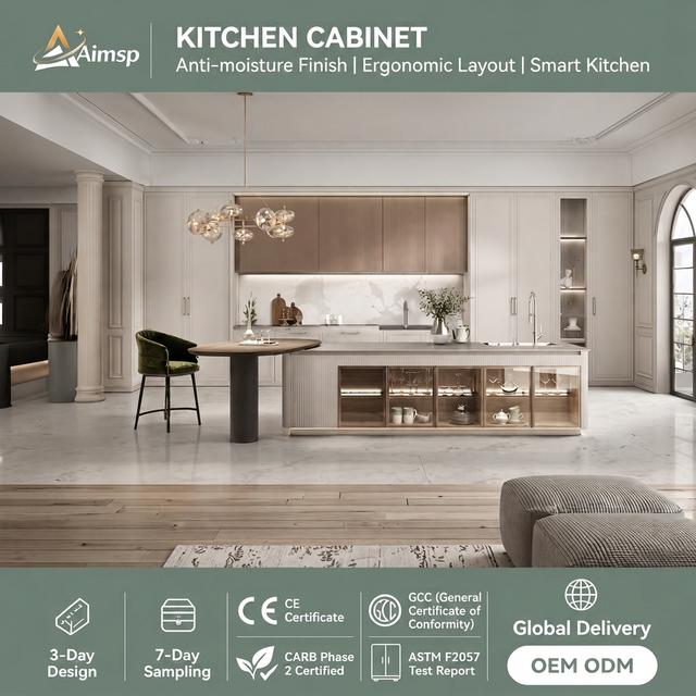 Aimsp Customized Modular Built-in Luxury Kitchen Cabinet Island Unit US TSCA Compliant Shop Drawings Villa Project Supply