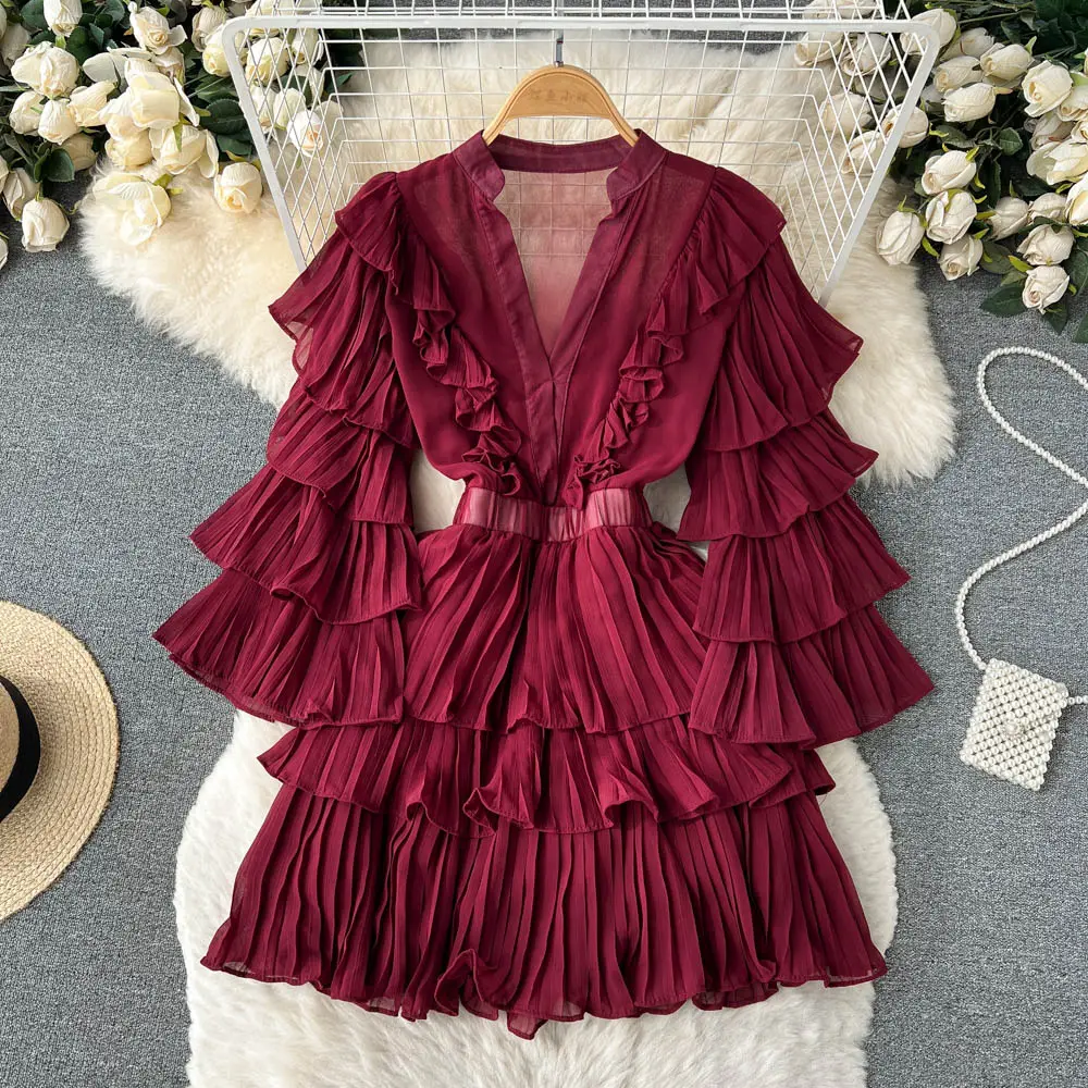 New Style Summer Casual Flutter Sleeve Deep V Neck Tiered Ruffles Belt Femininity Party Mini Dress