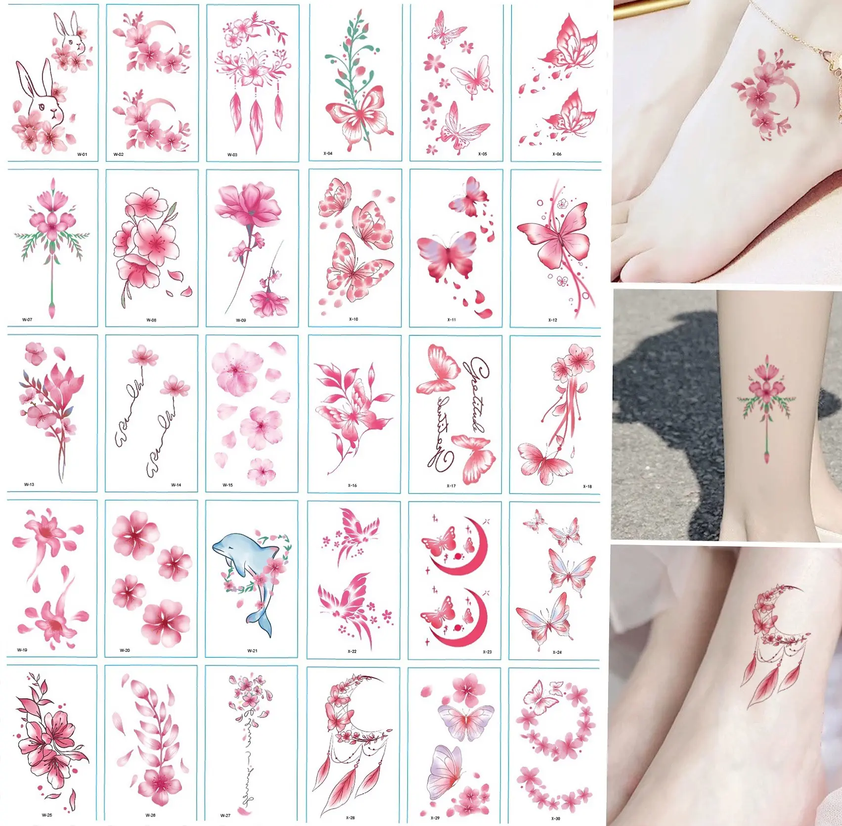 Adesivo rosa descartável de arte, adesivo temporário personalizado, tatuagens, borboleta, diamante, para adultos e crianças, 30 peças