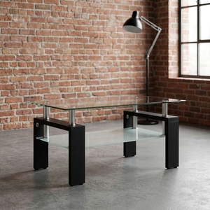 OSJ Moderner Glas-Couchtisch Wohnzimmermöbel Gehärtete Glasplatte (Klarglas + Schwarze Beine) 34,6 Zoll (88 cm) Wohnmöbel - Product Image 4