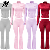 Vêtements de sport pour femmes, veste zippée intégrale, pantalon de yoga évasé, ensemble d'entraînement deux pièces avec trous pour les pouces, vêtements de sport personnalisables avec logo