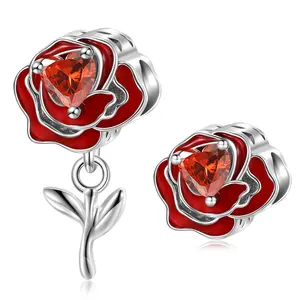 Red Roses Designer Charms for Bracelet Genuine 925 Sterling Silver Flower Beads Fit Women Bracelet Jewelry Valentine's Day Gift