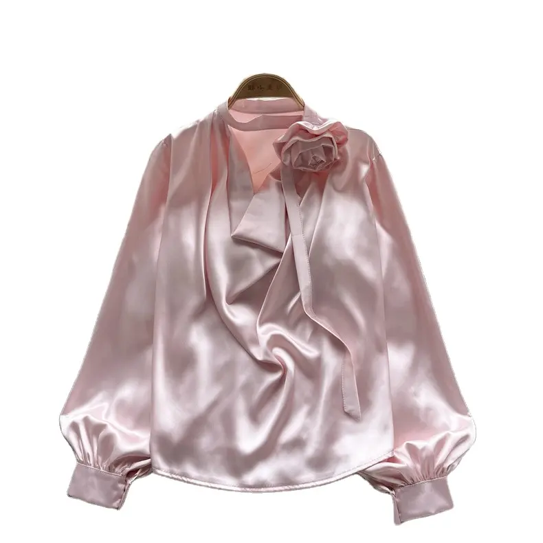 French Light Luxus Satin Damen Bluse 2024 Frühling New Fashion Puff Sleeve Shirt Damen Loose Tops Großhandel Kleidung