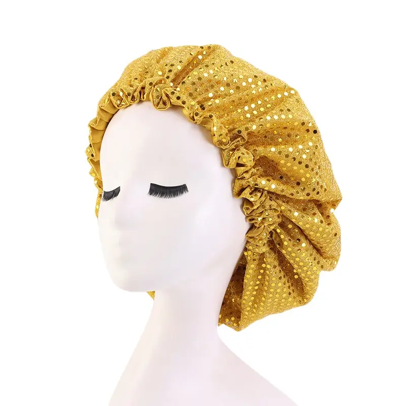 European And American Popular Sequined Satin Lining Round Hat Ladies Adjustable Night Hats Turban Hat