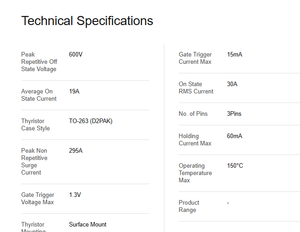 Módulo de Tiristor TN3015H-6G 1.3V VGT 60mA IH 600V VDRM 15mA 150C 3 Pines Convertidores de Alta Frecuencia - Product Image 6