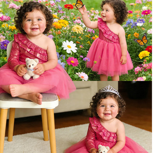 Baby Girl's Rose <b>Red</b> <b>Sequined</b> Dress Off-Shoulder Ruffled Mesh Skirt Sweet Princess Style Party Dress 0-4Y - Product Image 2