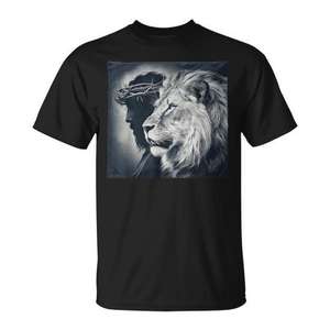 Camiseta cristiana Lion Of Judah con diseño de Jesús y león, color negro, talla mediana - Product Image 1