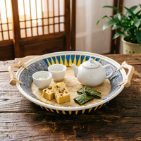 Bandeja de Pão Colorida com Listras - Bandeja de Bambu Ecológica Feita à Mão com Alças para Pão, Café da Manhã e Armazenamento na Cozinha