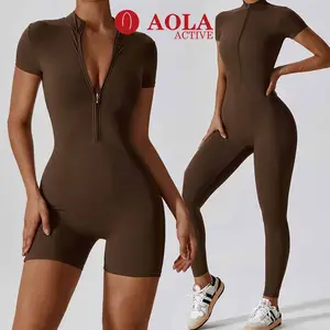 AOLA新款时尚健身紧身连身衣，带拉链一体式瑜伽健身短袖女式连身衣