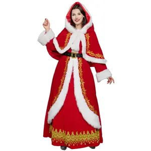 Gaun Natal merah wanita, setelan nyonya Santa Cosplay dengan jubah poliester dan aksesori untuk dewasa