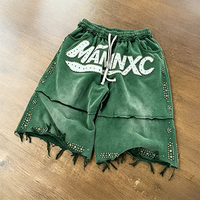 Pantalones Cortos Deportivos Personalizados con Bordado de Diamantes de Imitación, Estilo Vintage, Lavado Ácido, Desgastados, Holgados, 3/4 de Largo para Hombre