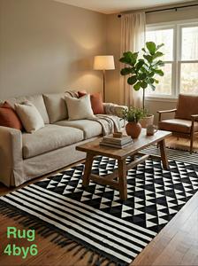 Alfombra de Algodón con Diseño Geométrico Triangular Blanco y Negro, 4x6, Hecha a Mano con Borlas, Alfombra Moderna Estilo Boho para Sala de Estar - Product Image 3