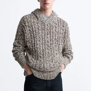 Winter Warm Long Sleeve Brown Chunky Ribbed Luxury Knitted Hoodie Wool For Men's Sweaters