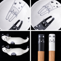 Lot de 2 paires de baguettes en bois motif chat noir et blanc, repose-baguettes en céramique motif chat, vaisselle japonaise, coffret cadeau