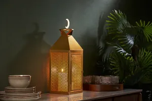 Luxury gold metal <b>moroccan</b> lantern with crescent top decorative candle holder for ramadan eid home and festive decoration - Product Image 5