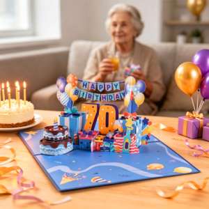 Carte de vœux 3D pop-up Winpsheng pour 70e anniversaire avec musique, découpe laser, design de gâteau en papier et ballon - Product Image 1