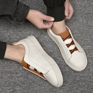 Zapatos de cuero blanco sin cordones, zapatos para caminar a diario con forro suave marrón, detalle de rayas, suela plana antideslizante, zapatos para exteriores que combinan con todo. - Product Image 2