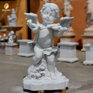 손으로 조각 된 서서 바이올린 흰색 대리석 아기 천사 동상