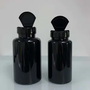 Botella de plástico transparente con tapa abatible para pastillas y tabletas, botella redonda de 200cc, color negro