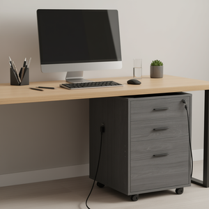 Meuble de classement mobile en bois à 3 tiroirs avec multiprise, gris – Solution de rangement pour bureau - Product Image 2
