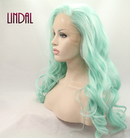 LINDALHAIR Vert Clair 13x3 Synthétique Avant de Lacet Perruque Lâche Bouclée Perruques pour Femmes 24 Pouces Long Ondulé Synthétique Avant de Lacet Perruque