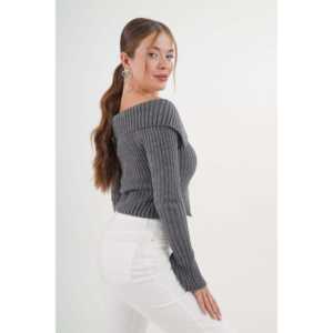 Blusa de Punto con Cuello Madonna y Cierre Completo para Mujer, Color Antracita, Suave, Sexy, Estilo Club - Product Image 6