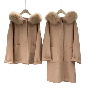 New Design Removable Real Fox Fur Hood Long Pink Wool Coat for Women Cashmere Woman Wool Hood Coat