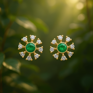 ต่างหูเพชรทรงกลมเจียระไนแบบเหลี่ยมเพชรพลอยสีเขียว E3069 ดีไซน์ดอกไม้ทองคำแท้ 18K สำหรับผู้หญิง สวมใส่ได้ทุกวัน คลาสสิก - Product Image 2