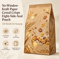 Sachet personnalisé en papier kraft sans fenêtre pour céréales et chips, scellé sur huit côtés, avec marquage à chaud, pour la vente au détail et en gros