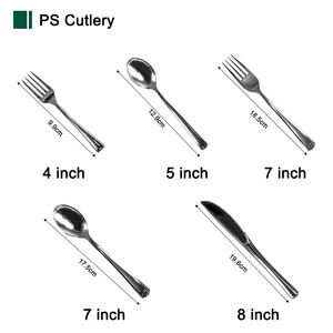 أدوات مائدة بلاستيكية للاستخدام مرة واحدة من الفولاذ المقاوم للصدأ بلون فضي تشمل سكين وشوكة وملعقة - Product Image 2