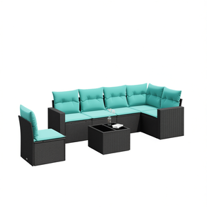 Set di divani da patio in polyrattan, 7 pezzi, mobili da esterno neri con cuscini, eleganti sedute componibili - Product Image 1