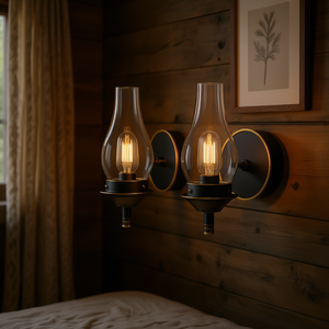Juego de 2 apliques de pared vintage industriales con enchufe, pantalla de cristal transparente, acabado negro y dorado, iluminación para dormitorio, luz LED cálida E26 - Product Image 2