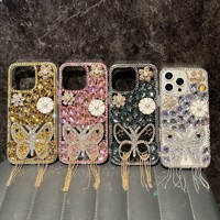 Coque antichoc en TPU de luxe avec paillettes, strass, pompons, papillons et fleurs pour iPhone 17 16 15 Pro Max