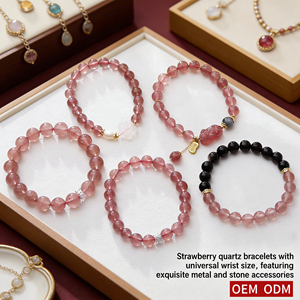 Pulseira de Cristal Natural de Morango com Strass e Contas, Design Vintage de Gema Rosa, Pixiu da Riqueza e Boa Sorte para Mulheres, Presente Atacado - Product Image 1