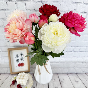Fleurs artificielles Queyiyi, pivoines en soie, 2 têtes, rouge, rose, blanc, décoration de mariage, arrangement pour vase - Product Image 4
