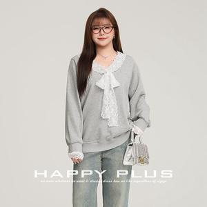 Sudadera con Cuello en V y Ribete de Encaje Happy Plus, Color Gris Claro, Tejido de Algodón, Talla Grande, Sudadera con Capucha para Mujer, Estilo Universitario - Product Image 5