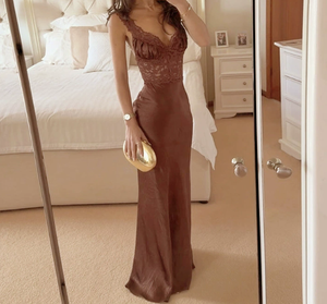 Viviblook Q26DS013 Vestidos de Verano para Mujer, Nuevo Vestido Largo Sexy con Tirantes, Escote Bajo, Encaje y Patchwork para la Noche - Product Image 1