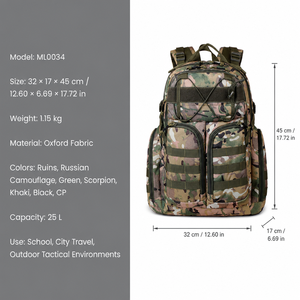 กระเป๋าเป้สะพายหลัง Lupu Gear Tactical ขนาด 25 ลิตร ทำจากไนลอน ระบบ Molle สำหรับกิจกรรมกลางแจ้ง เหมาะสำหรับทุกเพศ พร้อมซิปปิด - Product Image 3