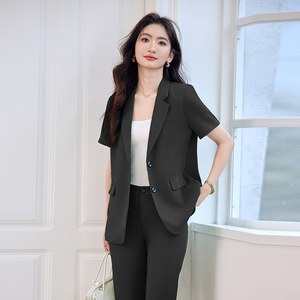 Women's Short Sleeve Suit <b>Set</b> Summer <b>Office</b> Lady Anti-Wrinkle Professional Workwear Black Jacket Pants <b>Set</b> - Product Image 1