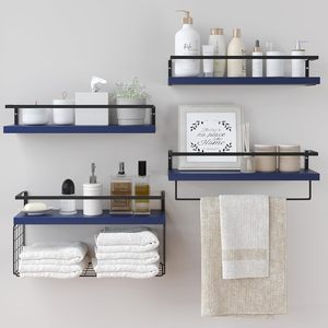 Étagères murales flottantes rustiques en bois à double niveau avec panier de rangement en fil métallique et <span class=keywords><strong>barre</strong></span> porte-serviettes pour salle de bain, <span class=keywords><strong>cuisine</strong></span>, chambre - Product Image 3