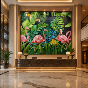 Decorazione Murale Interna per Villa Moderna Fatta a Mano, Parquet Grafico 4mm in Vetro di Giada Ghiacciata, Design Fenicottero, Mosaico Personalizzato - Product Image 5