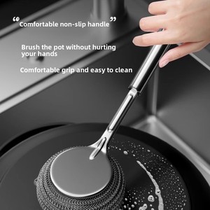 Cepillo de limpieza para lavar platos con mango largo, cepillo especial con bola de acero para lavar ollas, hecho de silicona y PP - Product Image 3