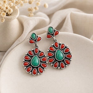 Orecchini Pendenti Vintage con Agata Rossa, Turchese e Malachite, Gioielli Boho per Donna - Product Image 1
