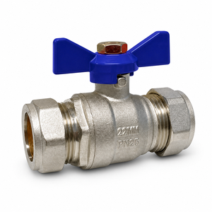 Robinet à bille de compression en laiton à poignée papillon bleue de 22 mm, à quart de tour, pour la chaleur centrale et l'alimentation en eau au Royaume-Uni - Product Image 1