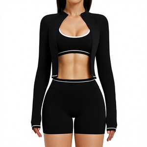 Ensemble 3 pièces tendance 2026 pour le sport : vestes, soutien-gorge et shorts noirs – Ensemble de yoga 2 pièces avec crop top à col rond et shorts taille haute - Product Image 1